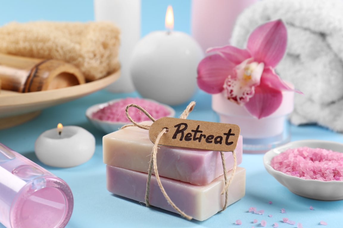 Retreat Concept. Composition with Card, Different Spa Products a